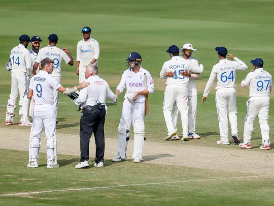 Players greet each other after India win by 106 runs against England during Day 4 of the 2nd Test match, at Dr. Y.S. Rajasekhara Reddy ACA-VDCA Cricket Stadium, in Visakhapatnam on Monday. 