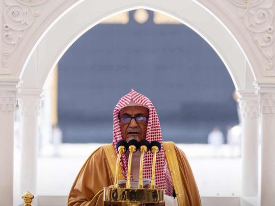Saudi cleric Sheikh Saleh bin Hamid delivers the Friday sermon at the Grand Mosque. 