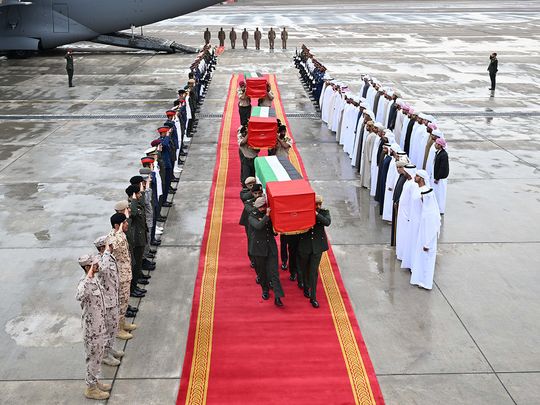 bodies of UAE Armed Forces martyrs arrive in Abu Dhabi on Feb 11 2024