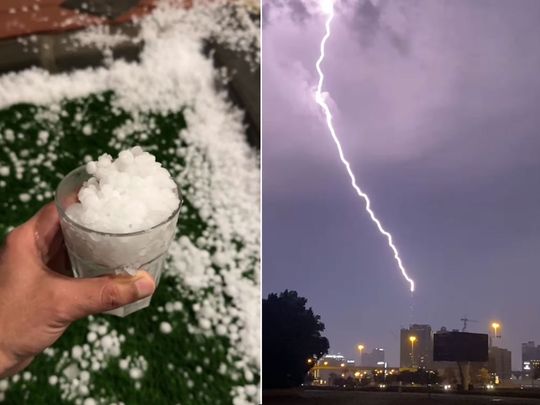 Hail was reported in various parts of Abu Dhabi; rain and lightning and thunder in Dubai.