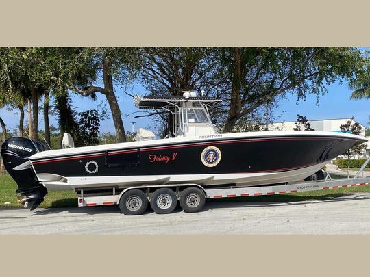 A speedboat owned by former President George HW Bush that will be auctioned on Wednesday, February 15, 2024, in Houston to raise money for scholarships for the George Barbara & Bush Foundation. 