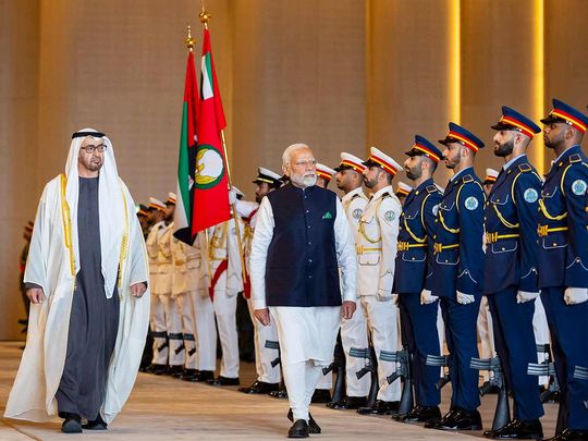 UAE President His Highness Sheikh Mohamed bin Zayed Al Nahyan and India PM Narendra Modi inspect the UAE Armed Forces honour guard during a reception at the Presidential Airport. 