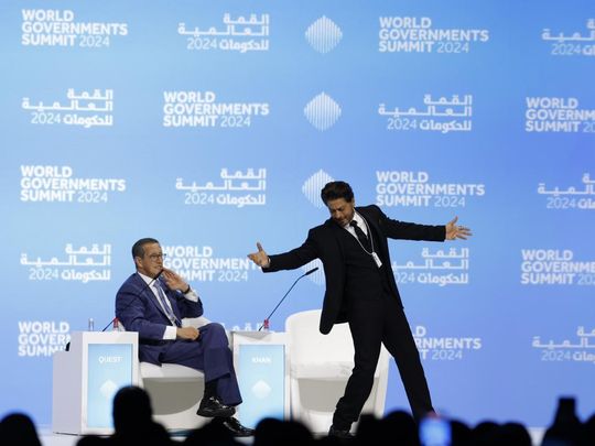 Shah Rukh Khan with CNN correspondent Richard Quest at a session in the World Government Summits 2024 in Dubai