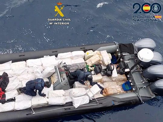 This handout image released on February 15, 2024 by Spanish Guardia Civil shows a speedboat, carrying over four tonnes of cocaine, which was seized by Spanish police off the Canary Islands. 