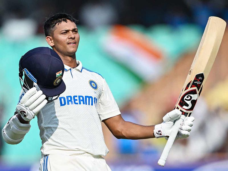 India's Yashasvi Jaiswal celebrates after scoring a century 