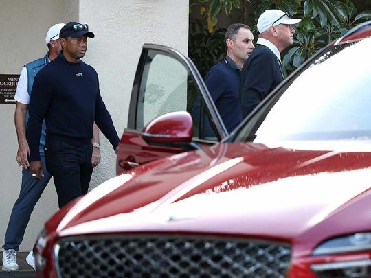 Tiger Woods of the United States leaves from the Clubhouse after withdrawing from the tournament due to illness during the second round of The Genesis Invitational at Riviera Country Club on February 16, 2024 in Pacific Palisades, California.  