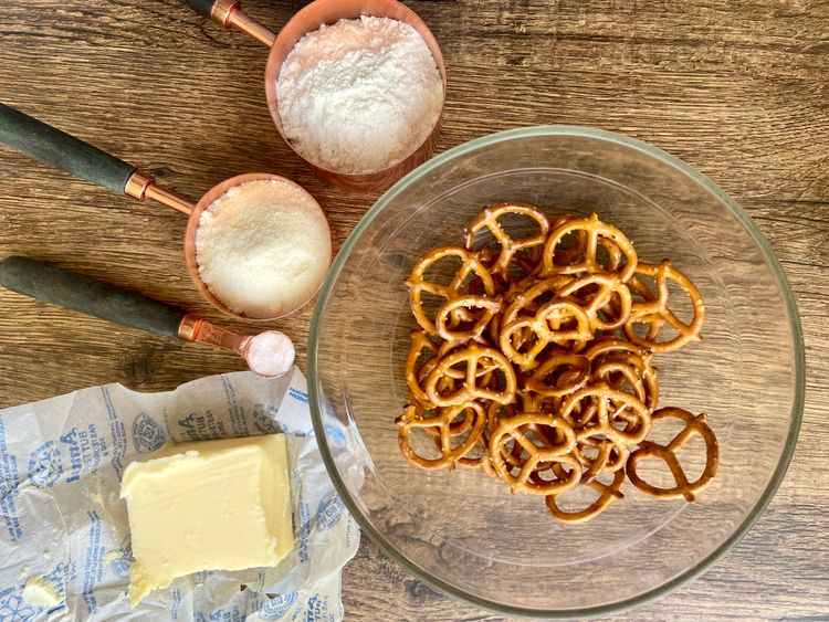 Powder the pretzels in a blender or food processor. Then, add the melted butter, all-purpose flour, sugar and baking soda.