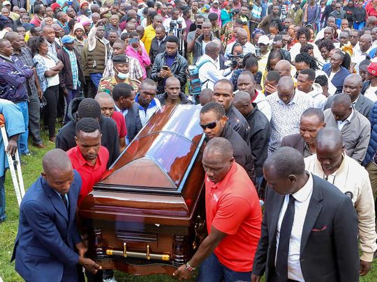 Pallbearers carry the coffin of Kenya's marathon world record holder Kelvin Kiptum