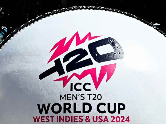 A giant cricket ball is seen installed at a marketplace to mark 100 days to go for the ICC Men’s T20 World Cup in Miami, Florida, on February 22, 2024. 