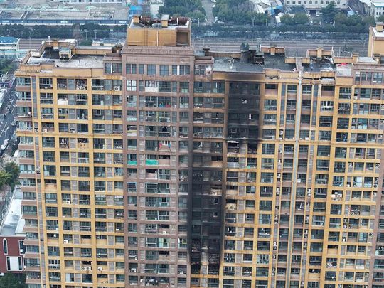 Aerial view of the fire at a residential building in Nanjing city, Jiangsu province