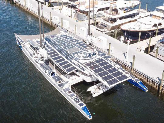A view of the Energy Observer, the first hydrogen-powered, zero-emission vessel to be self-sufficient in energy, while moored at Pier Sixty Six Marina in Fort Lauderdale, Florida.  