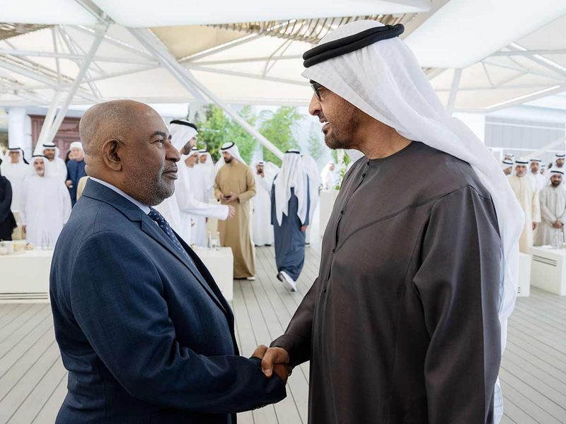 President His Highness Sheikh Mohamed bin Zayed Al Nahyan, (right), greets Azali Assoumani, President of the Union of the Comoros (left), during a Sea Palace barza. 