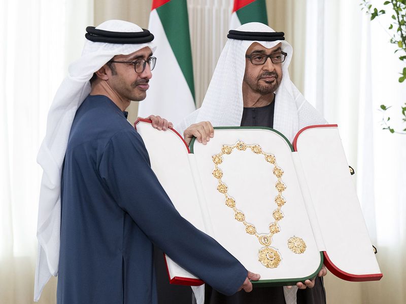 UAE President His Highness Sheikh Mohamed bin Zayed Al Nahyan awarded Sheikh Abdullah bin Zayed Al Nahyan, Minister of Foreign Affairs, the Order of the Union.