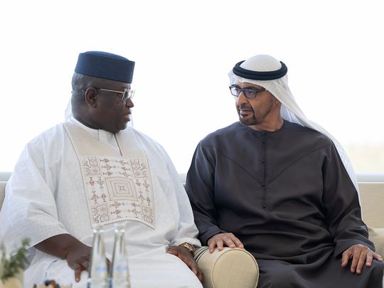President His Highness Sheikh Mohamed bin Zayed Al Nahyan (R) with Julius Maada Bio, President of Sierra Leone during a Sea Palace barza on Wednesday