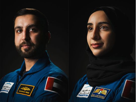 UAE astronauts Mohammad Al Mulla (L) and Nora Al Matrooshi