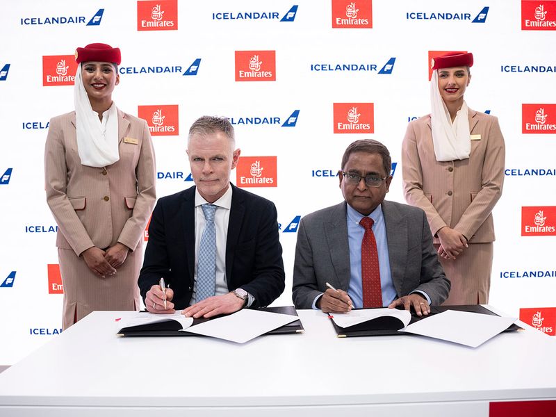 The MoU with Icelandair was signed by Helgi Bjorgvinsson, Director Partnerships and Corporate Affairs Icelandair (left) and Anand Lakshminarayanan, SVP Revenue Optimisation Emirates Airline (right).