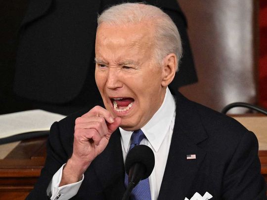 US President Joe Biden gestures as he delivers the State of the Union address in the House Chamber of the US Capitol in Washington, DC, on March 7, 2024. 