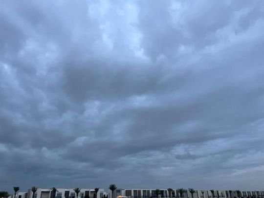 Overcast skies and heavy rain in Dubai.