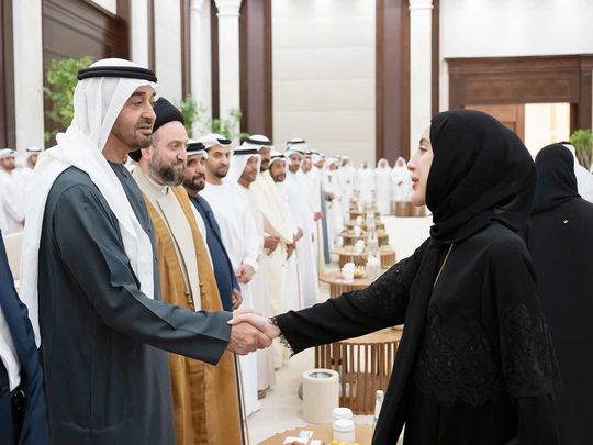 President His Highness Sheikh Mohamed bin Zayed Al Nahyan (left), greets Shamma bint Suhail Al Mazrouei, UAE Minister of Community Development (right), during an Iftar reception, at Al Bateen Palace. 