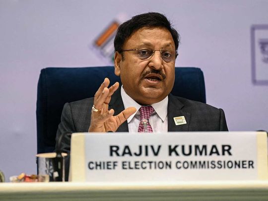 Chief Election Commissioner Rajiv Kumar speaks during a press conference at the Election Commission of India (ECI) in New Delhi on March 16, 2024.