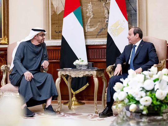 His Highness Sheikh Mohamed bin Zayed Al Nahyan, President of the UAE (left), meets with Abdel Fattah Al Sisi, President of Egypt, in Cairo. 