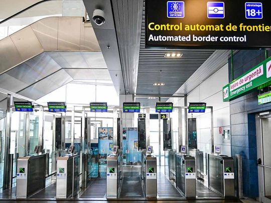 Newly installed non-Schengen automatic border control gates are pictured at the Henri Coanda International Airport in Otopeni, Romania, on March 28, 2024. 