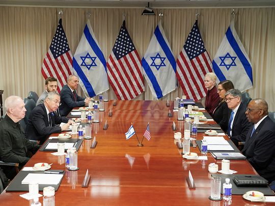 US Secretary of Defense Lloyd Austin meets with Israeli Defense Minister Yoav Gallant at the Pentagon in Washington, on March 26, 2024.  