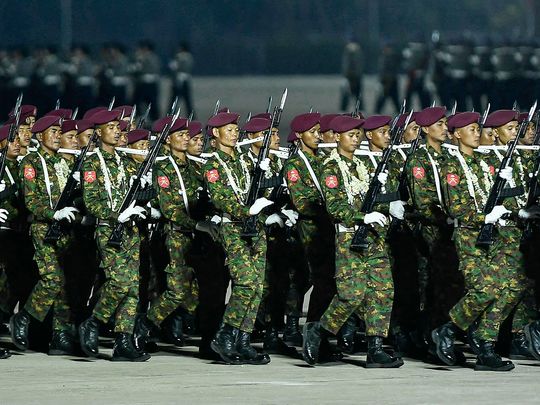 File photo: Myanmar junta military soldiers parade during a ceremony to mark the country's Armed Forces Day in Naypyidaw on March 27, 2024. 