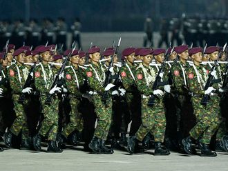 File photo: Myanmar junta military soldiers parade during a ceremony to mark the country's Armed Forces Day in Naypyidaw on March 27, 2024. 