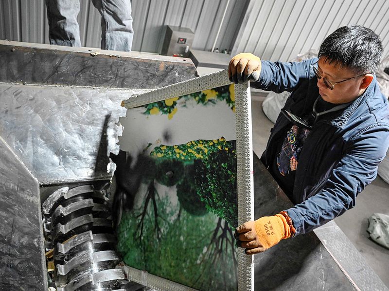 Yang Weiguang placing a large wedding photo into a shredding machine at a warehouse in Langfang. 