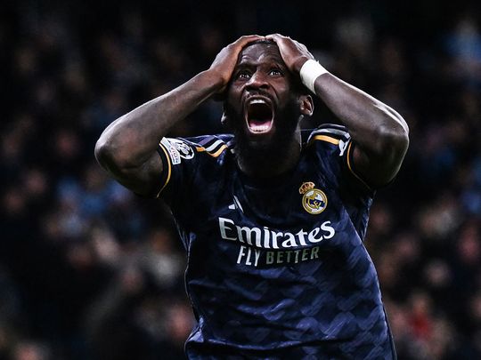 Antonio Rudiger wildly celebrating his goal against Man City in an expression of awe and disbelief | UCL Quarterfinals Man City v Real Madrid Penalty Shootout | Mania Sports