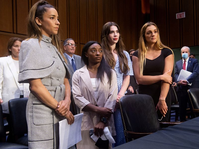 File photo: US Olympic gymnasts Aly Raisman, Simone Biles, McKayla Maroney and Maggie Nichols leave after testifying during a Senate Judiciary hearing about the Inspector General's report on the FBI handling of the Larry Nassar investigation of sexual abuse of Olympic gymnasts, on Capitol Hill, in Washington, D.C. on September 15, 2021. 