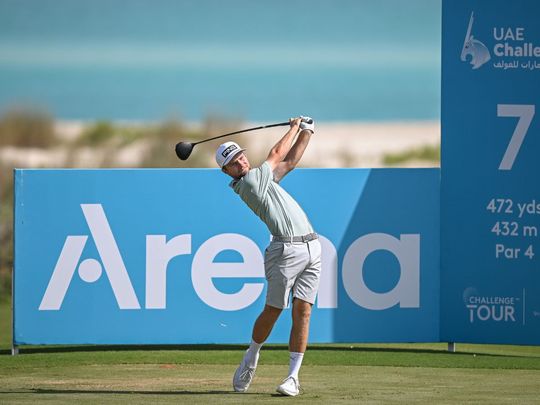 Rasmus Neergaard-Petersen plays his tee shot on the 7th hole on day one of the UAE Challenge
