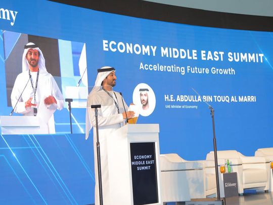 Abdulla bin Touq Al Marri, UAE Minister of Economy, delivers keynote address at  The Economy Middle East Summit 2024.
