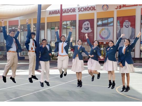 Students of Ambassador School, Dubai, celebrating ICSE and ISC results on Monday 