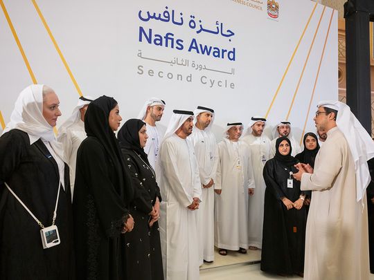 (far right) Sheikh Mansour bin Zayed Al Nahyan, Vice President, Deputy Prime Minister, Chairman of the Presidential Court, and Chairman of the Board of Directors of the Emirati Talent Competitiveness Council, with winners of the award’s individual categories