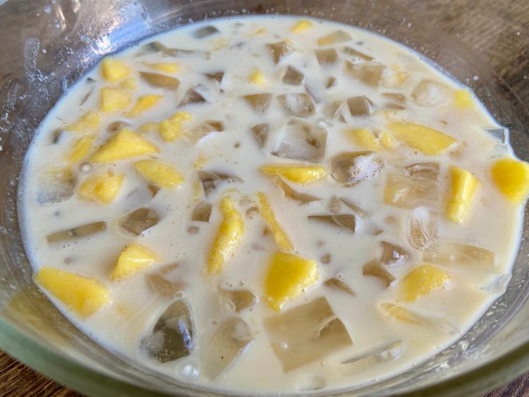 Combine milk, palm syrup, ice, diced mangoes, cooked sago, and Nata de Coco in a bowl. Gently stir to combine.