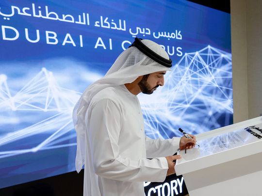 Sheikh Hamdan bin Mohammed bin Rashid Al Maktoum, Crown Prince of Dubai and Chairman of The Executive Council of Dubai, during the launch event at Innovation Hub in Dubai International Financial Centre (DIFC) on Saturday