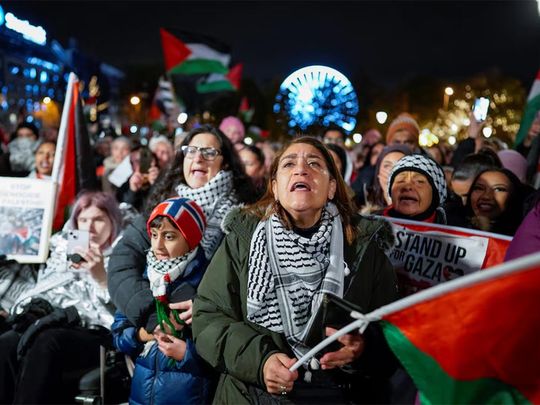 File photo: People attend a demonstration in support of Gaza and Palestinians