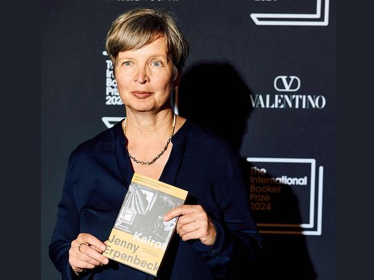 German writter Jenny Erpenbeck poses with her novel 