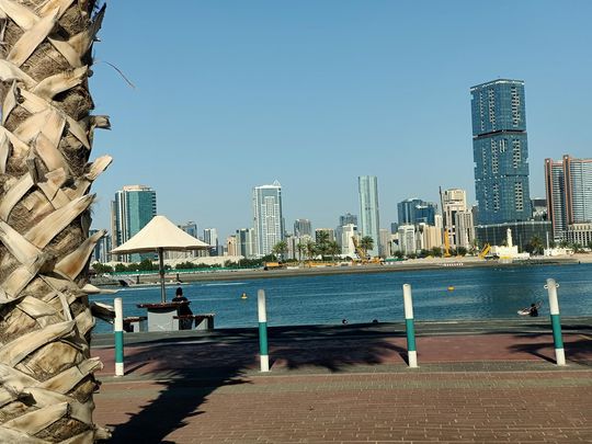 A view of Sharjah skyline seen from Al Mamzar Beach Park, Dubai.