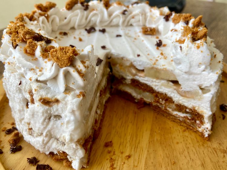 The biscuits add crunch and texture to the cake, while the whipped cream makes it light and creamy.