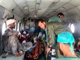 A Pakistani army helicopter transports injured victims after a bus accident in Basima town of Balochistan province on May 29, 2024. 
