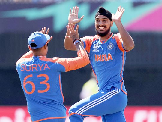 Arshdeep Singh of India celebrates a