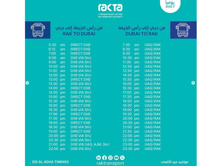 RAKTA Internal bus timings for Eid Al Adha