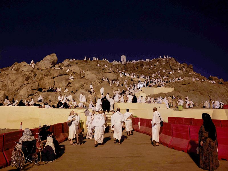 Muslim pilgrims gather at Mount Arafat during the annual Hajj pilgrimage,