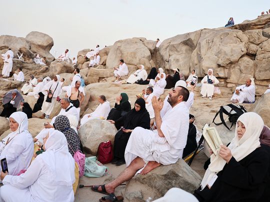 Muslim pilgrims gather at Mount Arafat during the annual Hajj pilgrimage