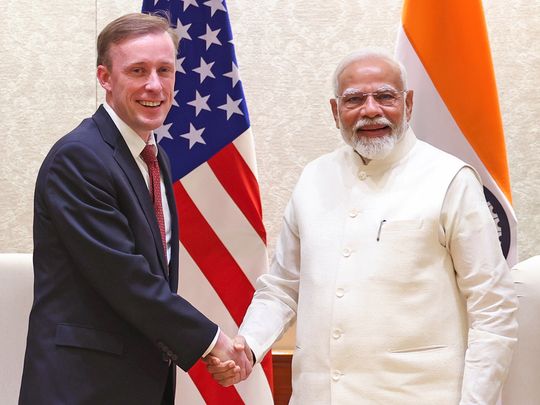 India’s Prime Minister Narendra Modi meets with US National Security Advisor (NSA) Jake Sullivan, in New Delhi on Monday. 