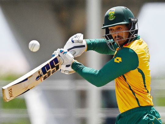 South Africa's Quinton de Kock hits a shot 