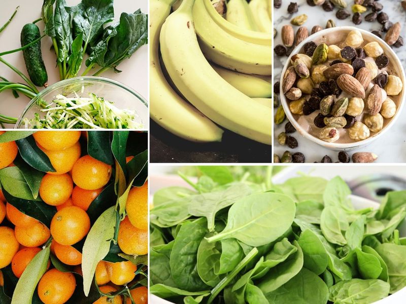 Some of the foods rich in potassium include bananas, oranges, and spinach. Calcium is rich in dairy products and green leafy vegetables. Magnesium is present in a variety of whole grains, leafy vegetables, nuts, and seeds. 